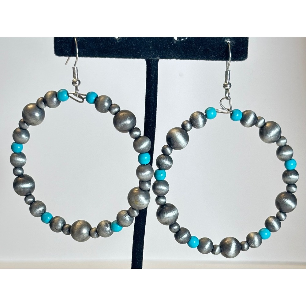 Vintage Silver Tone Boho Hoop Earrings Blue Beaded Southwestern Large 2.25"